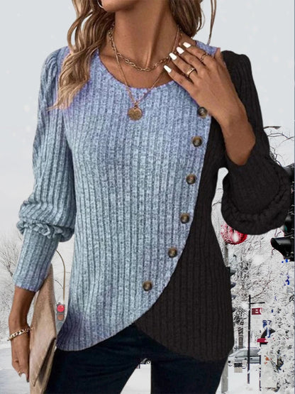 Vada – Women's Cozy Contrast Knit Sweater | Autumn O-Neck Long Sleeve Pullover