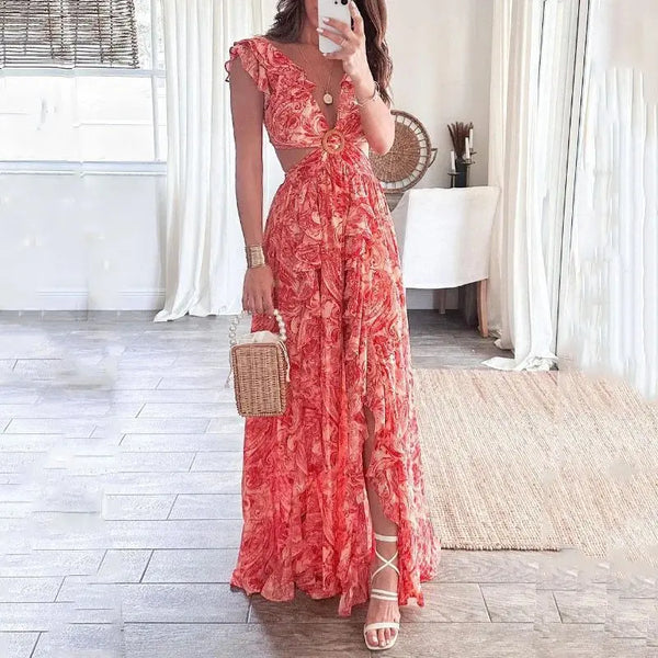 Liora - Flowy Floral V-Neck Women's Dress