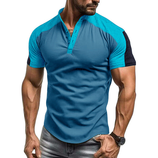 Slim Fit Collarless Short Sleeve Men's Shirt – Comfortable Cotton Blend with Contrast Sleeves for Casual Outings 0