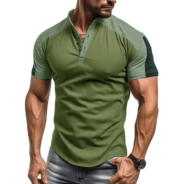 Slim Fit Collarless Short Sleeve Men's Shirt – Comfortable Cotton Blend with Contrast Sleeves for Casual Outings 1