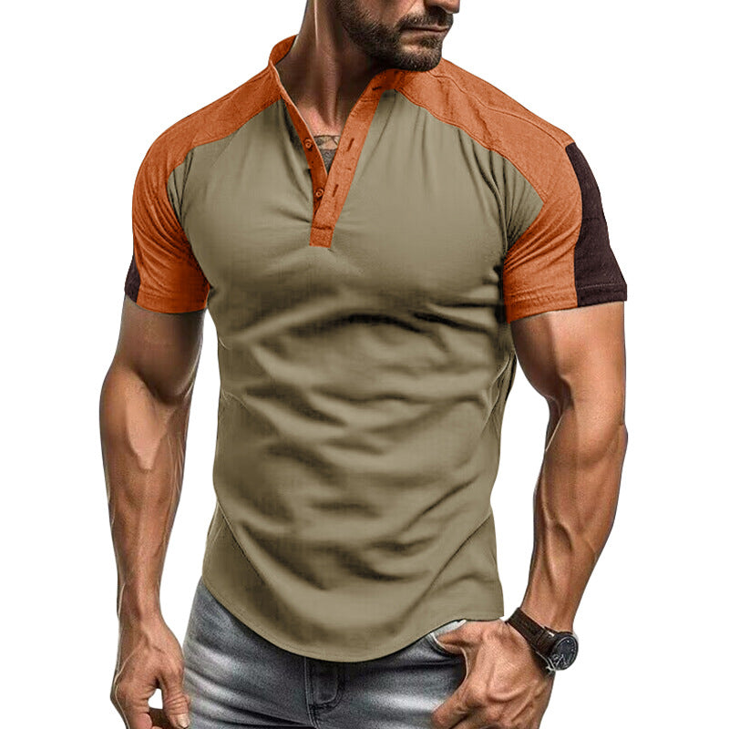 Slim Fit Collarless Short Sleeve Men's Shirt – Comfortable Cotton Blend with Contrast Sleeves for Casual Outings 2