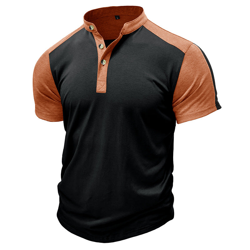Slim Fit Collarless Short Sleeve Men's Shirt – Comfortable Cotton Blend with Contrast Sleeves for Casual Outings 3