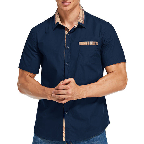 Slim Fit Men's Short-Sleeve Shirt with Check Collar – Comfortable Cotton Blend Casual Wear 0