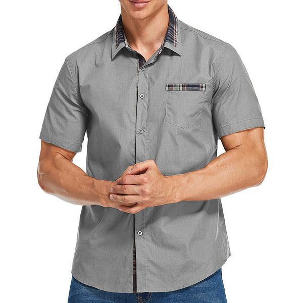 Slim Fit Men's Short-Sleeve Shirt with Check Collar – Comfortable Cotton Blend Casual Wear 1