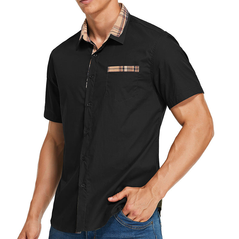 Slim Fit Men's Short-Sleeve Shirt with Check Collar – Comfortable Cotton Blend Casual Wear 2