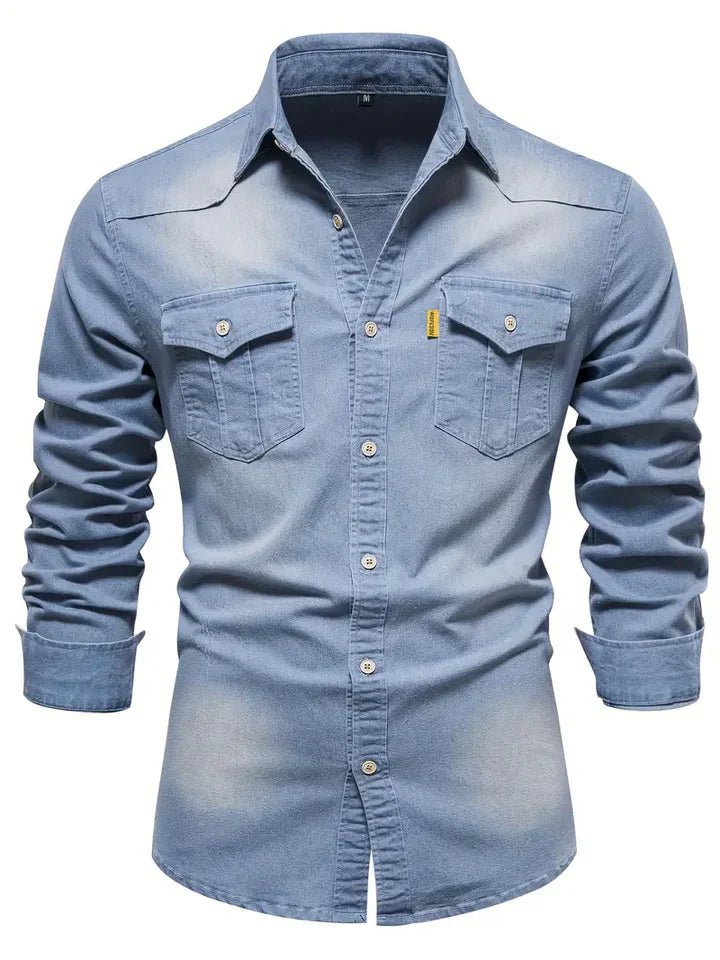 Callum Classic Denim Shirt for Men - Polo Collar, Soft Cotton, Regular Fit-4