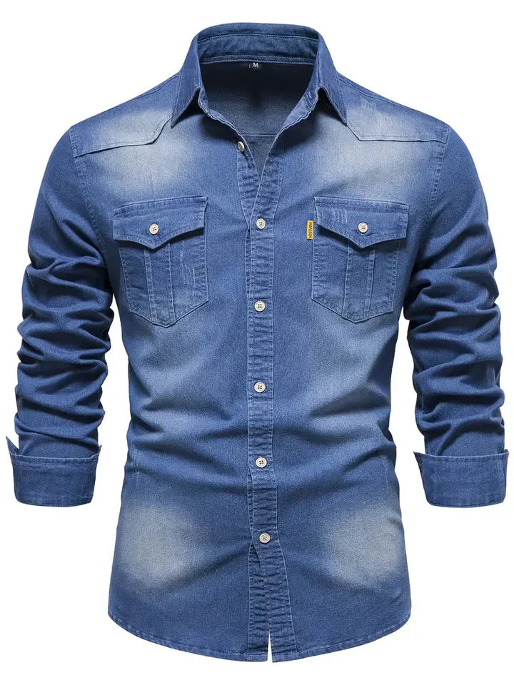 Callum Classic Denim Shirt for Men - Polo Collar, Soft Cotton, Regular Fit-1