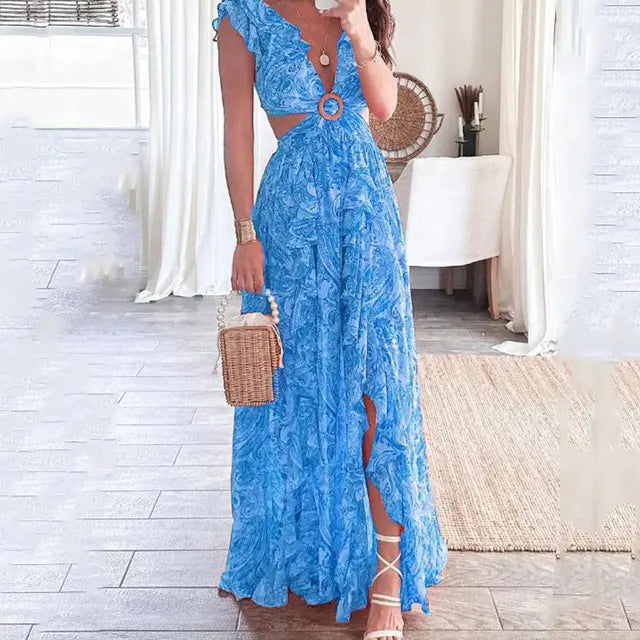 Liora - Flowy Floral V-Neck Women's Dress