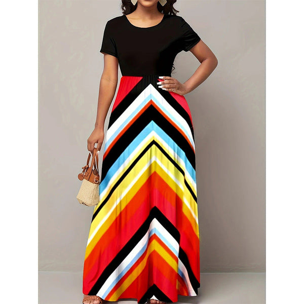 Women's A-Line Maxi Dress with Chevron Skirt and Short Sleeves – Perfect Summer Dress for Casual Elegance 0