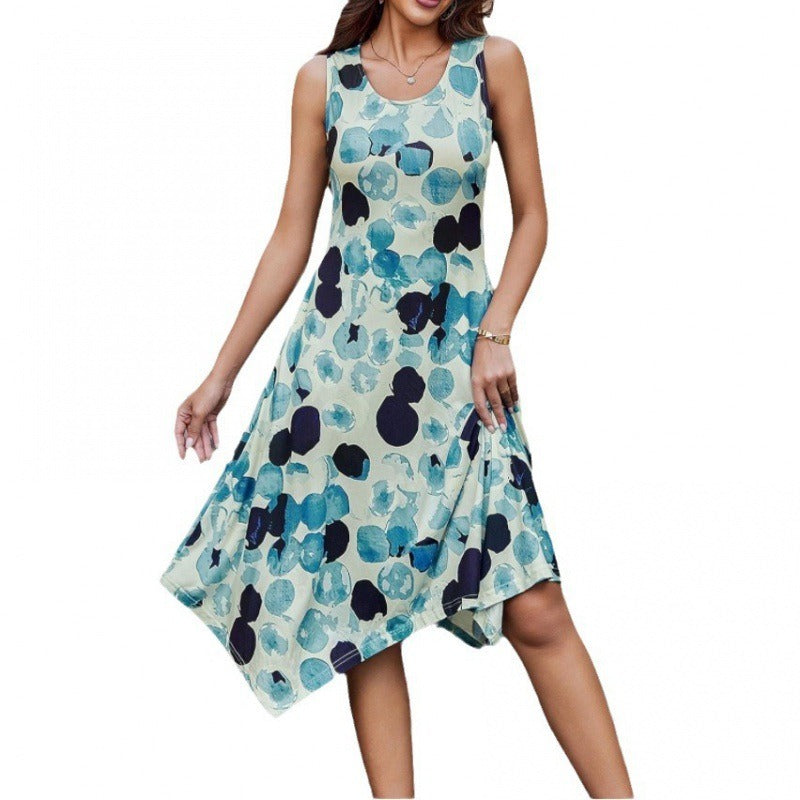 Women's A-Line Midi Dress in Cotton Blend with Abstract Print and Asymmetrical Hem - Summer Casual Dress 0