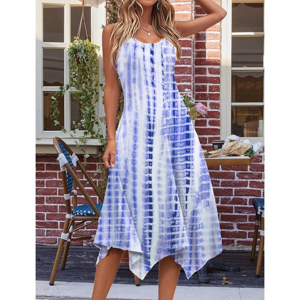 Women's A-Line Midi Dress in Cotton Blend with Abstract Print and Asymmetrical Hem - Summer Casual Dress 1
