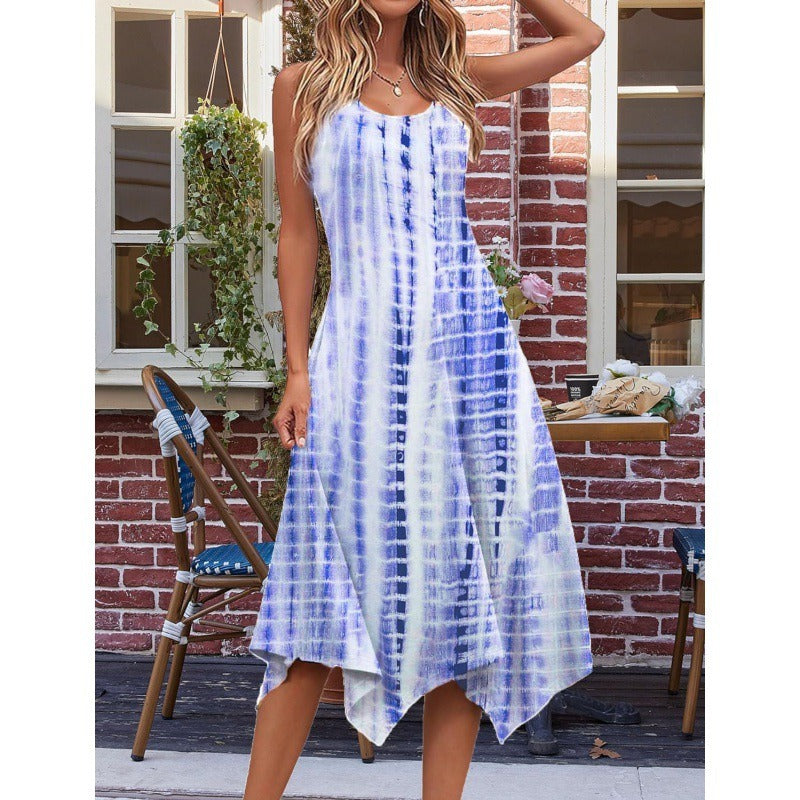 Women's A-Line Midi Dress in Cotton Blend with Abstract Print and Asymmetrical Hem - Summer Casual Dress 1