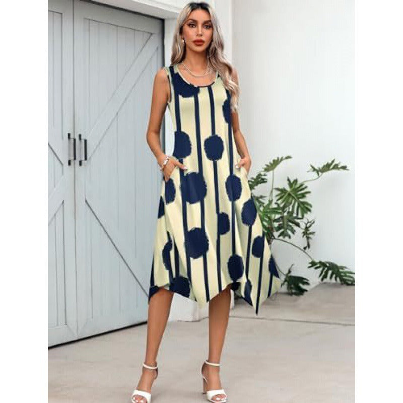Women's A-Line Midi Dress in Cotton Blend with Abstract Print and Asymmetrical Hem - Summer Casual Dress 4