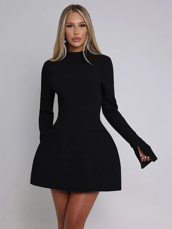 Women's Black A-Line Mini Dress with Long Sleeves – Tailored Cocktail Dress for Parties and Evening Events 0