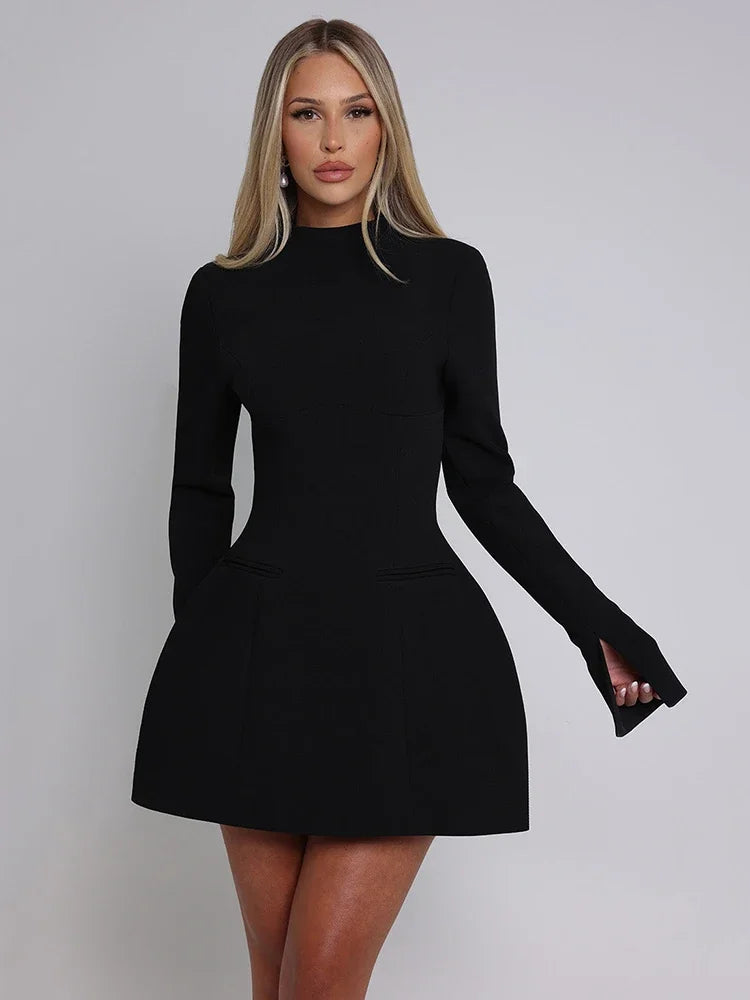Women's Black A-Line Mini Dress with Long Sleeves – Tailored Cocktail Dress for Parties and Evening Events 0