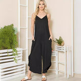 Women's Black Jumpsuit with Pockets – Loose Fit Sleeveless V-Neck Wide Leg Design for Casual Wear 0