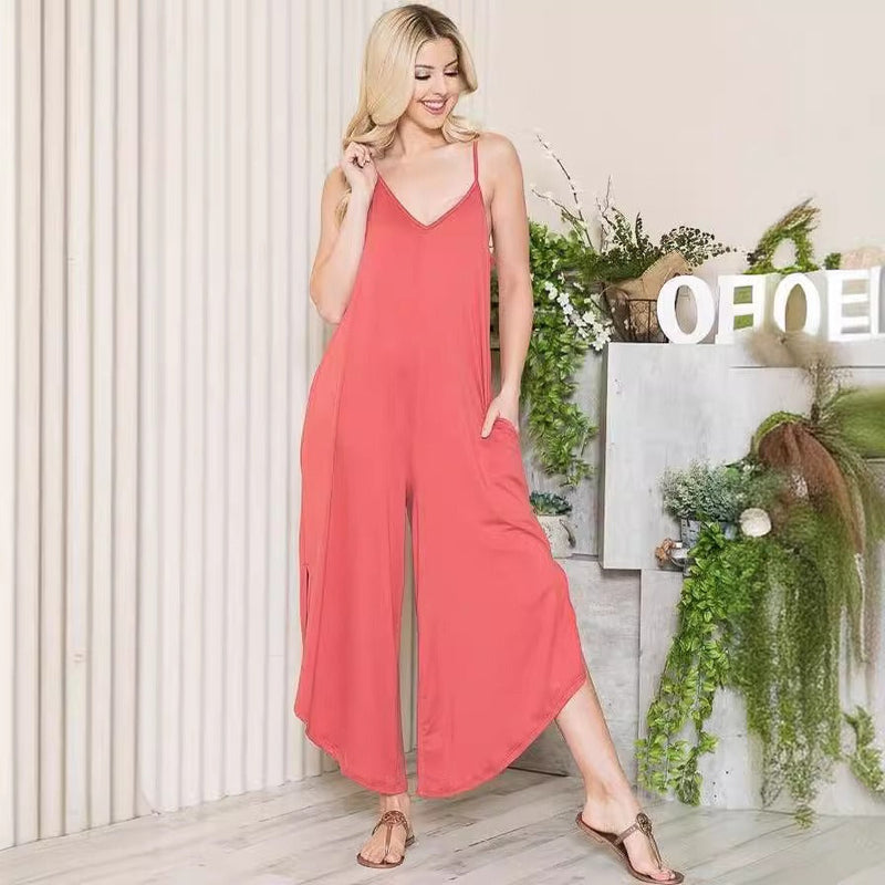 Women's Black Jumpsuit with Pockets – Loose Fit Sleeveless V-Neck Wide Leg Design for Casual Wear 1