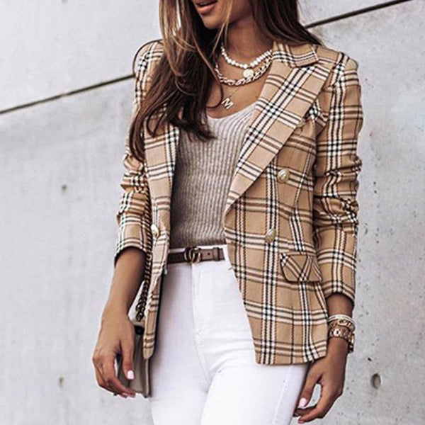 Women’s Blazer – Tailored Fit – Wool Blend – Plaid Double-Breasted – Wide Lapels 1