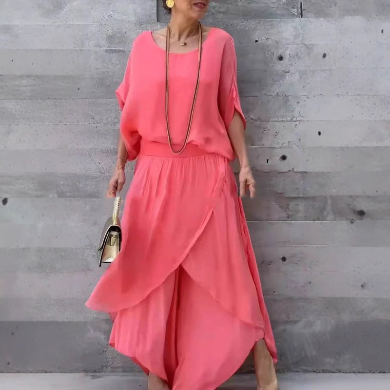 Women's Chiffon Two Piece Set – Loose Fit Top with Split Wide-Leg Trousers for Casual and Semi-Formal Occasions 0
