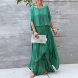 Women's Chiffon Two Piece Set – Loose Fit Top with Split Wide-Leg Trousers for Casual and Semi-Formal Occasions 1