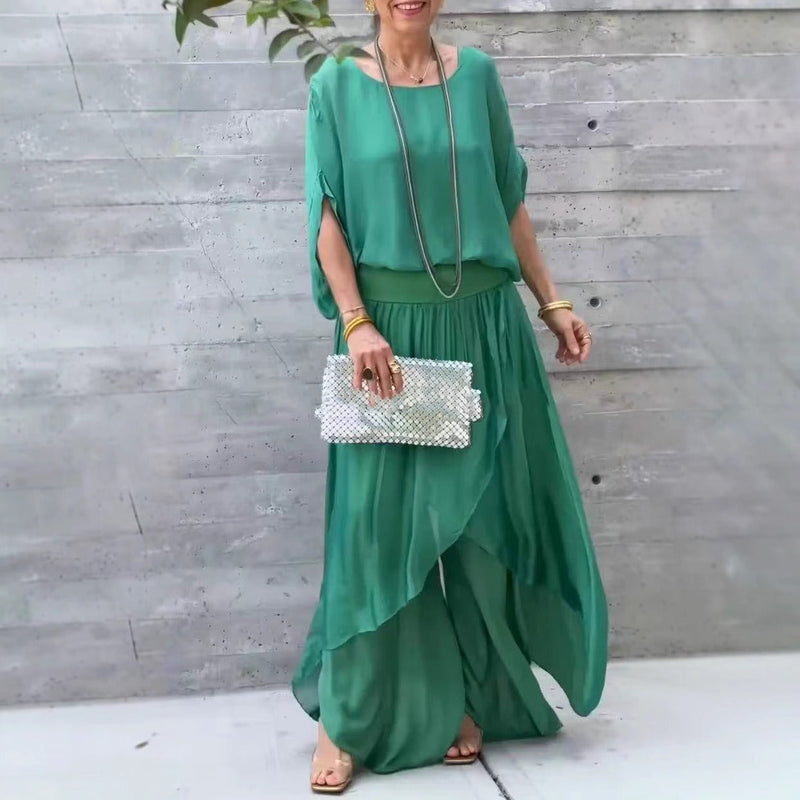 Women's Chiffon Two Piece Set – Loose Fit Top with Split Wide-Leg Trousers for Casual and Semi-Formal Occasions 1