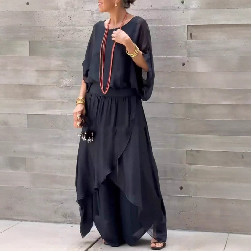 Women's Chiffon Two Piece Set – Loose Fit Top with Split Wide-Leg Trousers for Casual and Semi-Formal Occasions 2