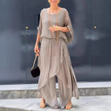 Women's Chiffon Two Piece Set – Loose Fit Top with Split Wide-Leg Trousers for Casual and Semi-Formal Occasions 3