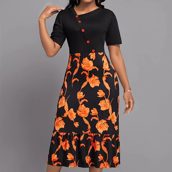 Women's Floral Midi Dress with Flared Skirt and Short Sleeves – Lightweight Summer Dress for Casual Outings 0