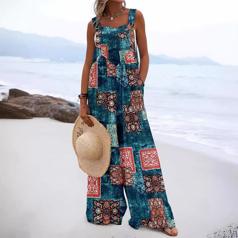 Women's Floral Print Jumpsuit – Relaxed Fit, Wide Leg, Sleeveless Cotton Blend for Casual Summer Outings 2