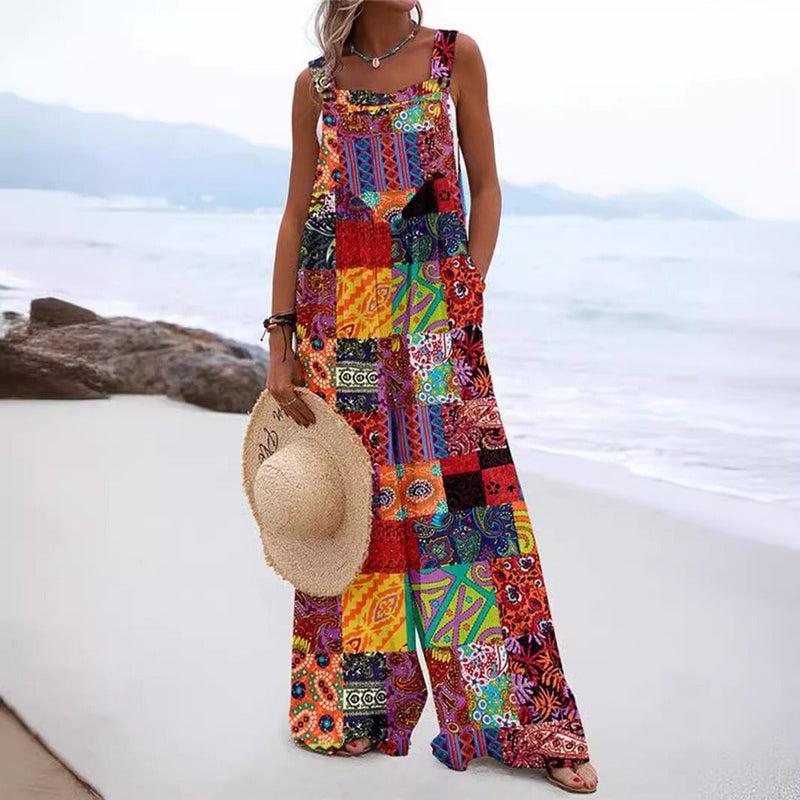Women's Floral Print Jumpsuit – Relaxed Fit, Wide Leg, Sleeveless Cotton Blend for Casual Summer Outings 3