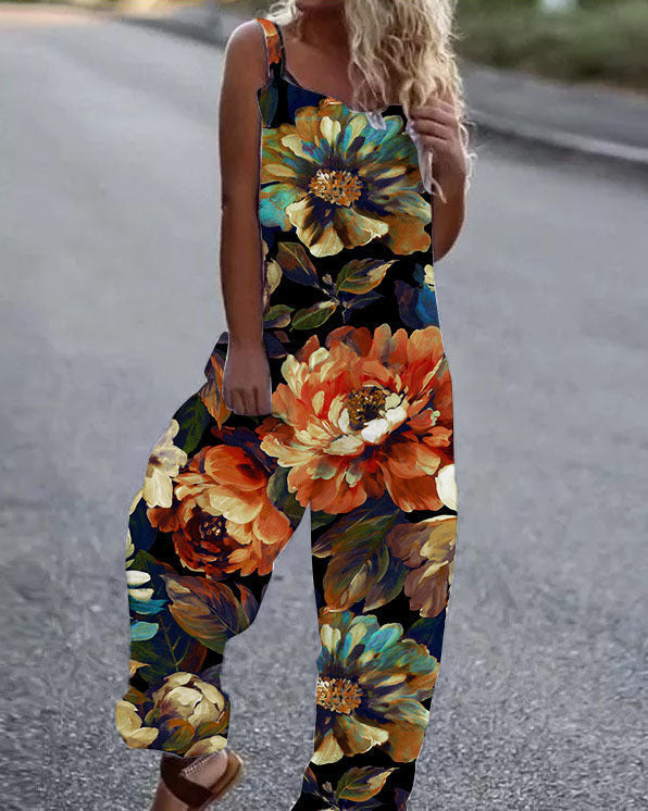 Women's Floral Print Jumpsuit with Adjustable Straps and Wide Leg Design – Relaxed Fit for Summer 2