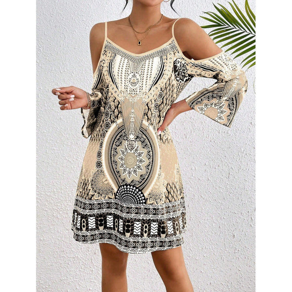 Women's Off-Shoulder Mini Dress with Bell Sleeves – Boho Summer Dress for Casual Outings and Gatherings 0