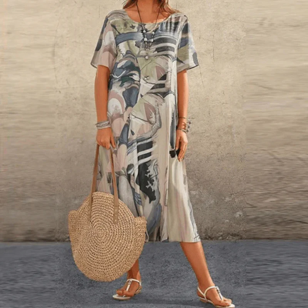 Women's Relaxed Fit Cotton Midi Dress with Abstract Print for Summer Casual Wear 0