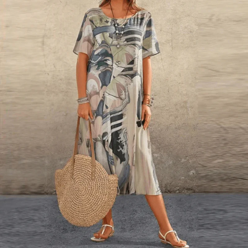 Women's Relaxed Fit Cotton Midi Dress with Abstract Print for Summer Casual Wear 0