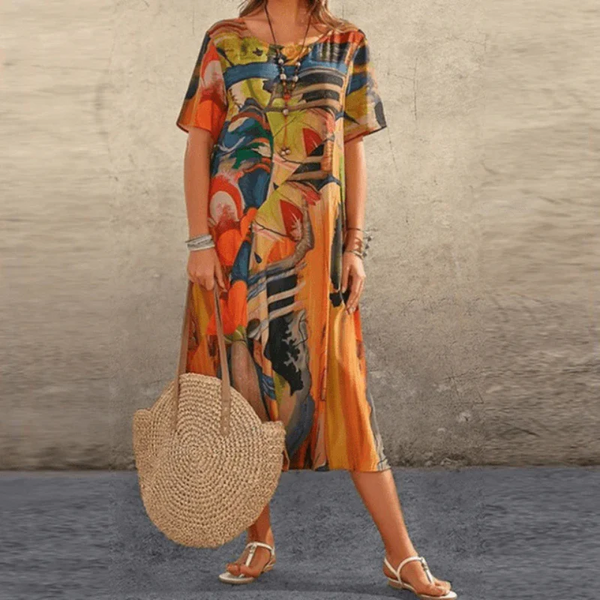 Women's Relaxed Fit Cotton Midi Dress with Abstract Print for Summer Casual Wear 1
