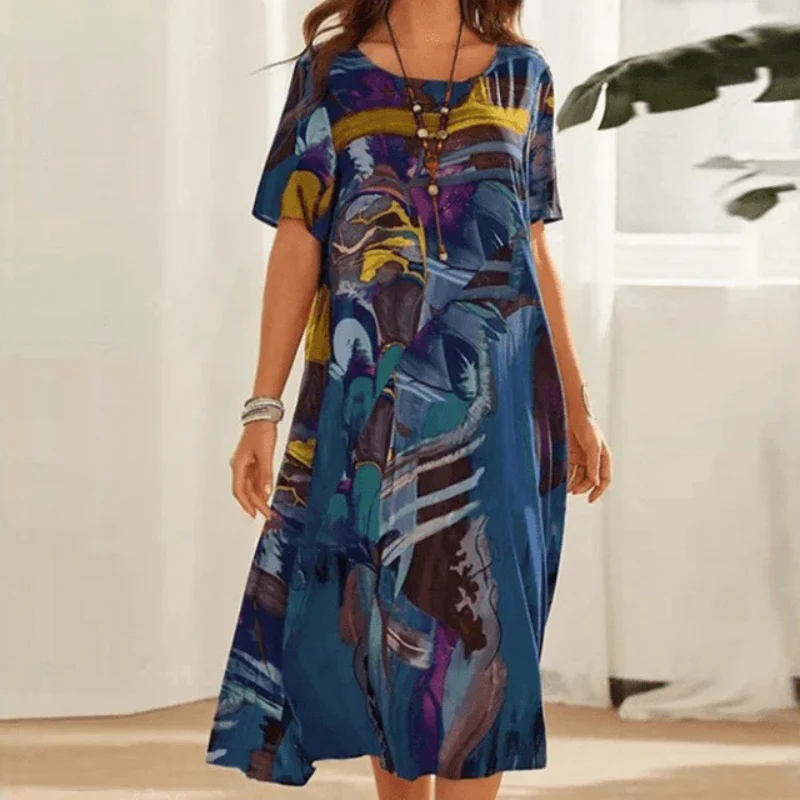Women's Relaxed Fit Cotton Midi Dress with Abstract Print for Summer Casual Wear 2