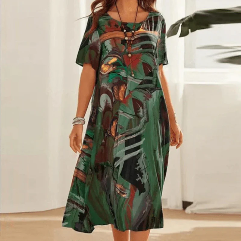 Women's Relaxed Fit Cotton Midi Dress with Abstract Print for Summer Casual Wear 3