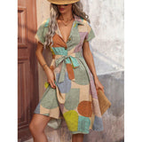 Women's Summer Cotton Shirt Dress with Belted Waist and Geometric Pattern – Relaxed Fit, Knee Length 0