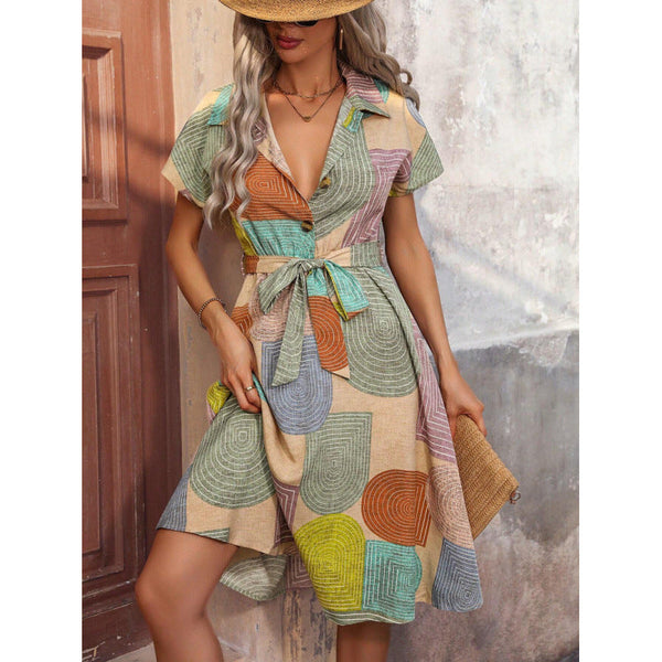 Women's Summer Cotton Shirt Dress with Belted Waist and Geometric Pattern – Relaxed Fit, Knee Length 0