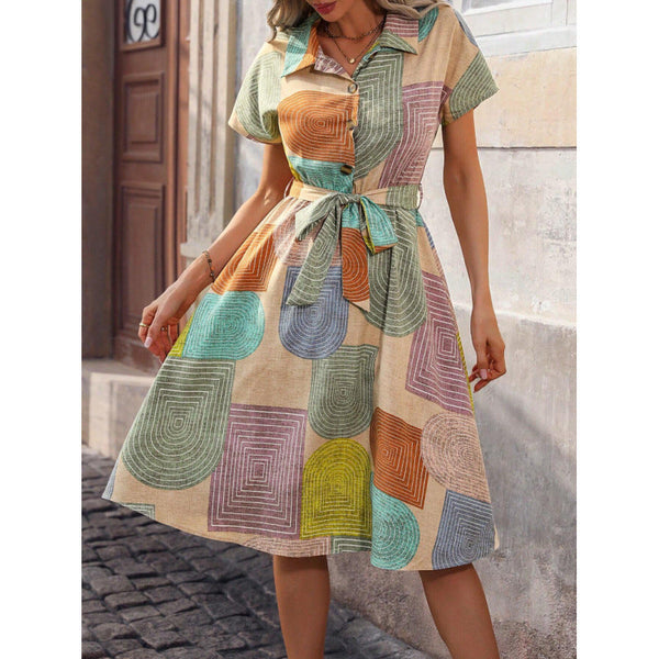 Women's Summer Cotton Shirt Dress with Belted Waist and Geometric Pattern – Relaxed Fit, Knee Length 1