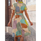 Women's Summer Cotton Shirt Dress with Belted Waist and Geometric Pattern – Relaxed Fit, Knee Length 2