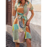 Women's Summer Cotton Shirt Dress with Belted Waist and Geometric Pattern – Relaxed Fit, Knee Length 3
