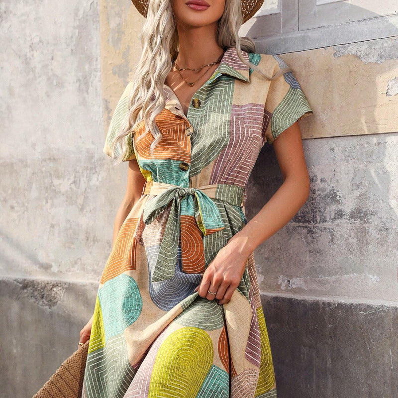 Women's Summer Cotton Shirt Dress with Belted Waist and Geometric Pattern – Relaxed Fit, Knee Length 4