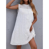 Women's Summer Dress - Knee-Length Cotton Shift with Floral Embroidery and Lace Trim, Sleeveless Casual Style 0