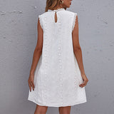 Women's Summer Dress - Knee-Length Cotton Shift with Floral Embroidery and Lace Trim, Sleeveless Casual Style 1