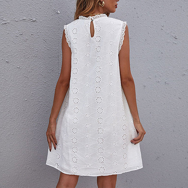 Women's Summer Dress - Knee-Length Cotton Shift with Floral Embroidery and Lace Trim, Sleeveless Casual Style 1