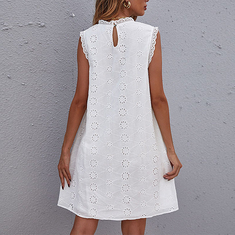 Women's Summer Dress - Knee-Length Cotton Shift with Floral Embroidery and Lace Trim, Sleeveless Casual Style 1