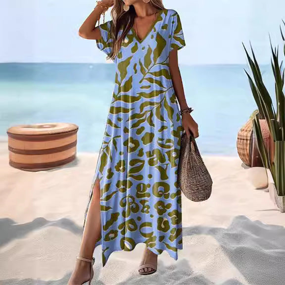 Women's Summer Maxi Dress, Relaxed Fit V-Neck with Side Slit, Stylish White Dress for Casual Outings 0