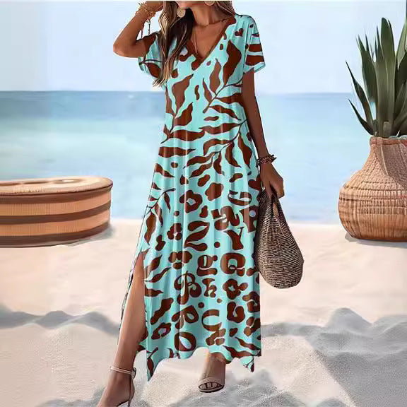 Women's Summer Maxi Dress, Relaxed Fit V-Neck with Side Slit, Stylish White Dress for Casual Outings 1