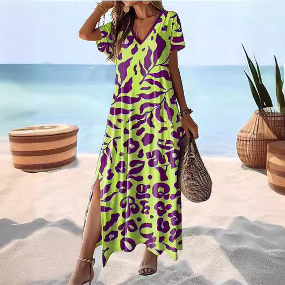 Women's Summer Maxi Dress, Relaxed Fit V-Neck with Side Slit, Stylish White Dress for Casual Outings 2